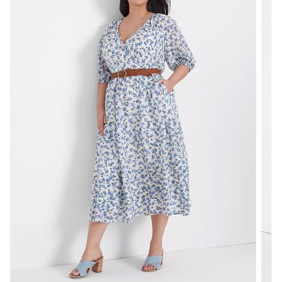 Lane Bryant Dress Womens Puff-Sleeve Tuck-Detail boho Midi Dress size 18 - Picture 1 of 9